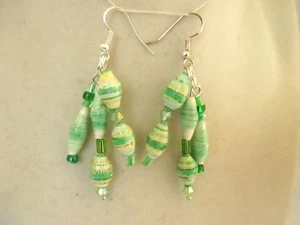 2.5" Dangle Green Mix Recycled Paper Beads Green Acrylic Beads Silver Wires - Picture 1 of 3
