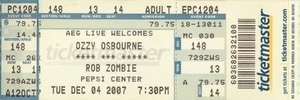 Ozzy Osbourne / Rob Zombie Pepsi Center - Aeg Live Dec 04 2007 - 7 Ticket Stub - Picture 1 of 2