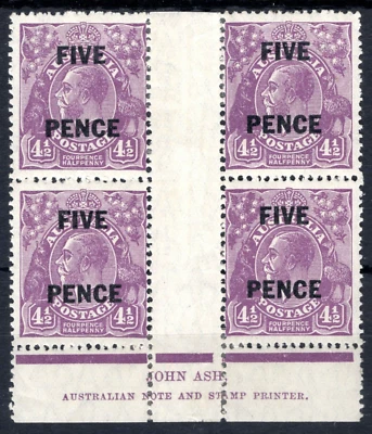 AUSTRALIA KGV Sideface SG.120 5d on 4½d *JOHN ASH* Imprint Block{4} Mint SS931 - Image 1 of 4