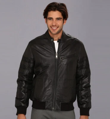 Men's Andrew Marc New York Black Leather Polyester Ludlow Moto Biker Jacket New - Image 1 of 4