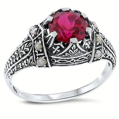 ANTIQUE STYLE 925 STERLING SILVER LAB-CREATED RUBY & PEARL RING             #169 - Image 1 of 3