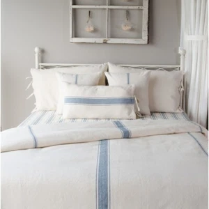 Grain Sack Stripe Cream & Colonial Blue Queen Duvet Cover (Tie Closure) 90x94 - Picture 1 of 3