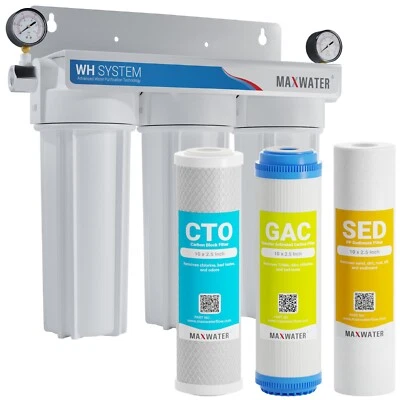 3 Stage Whole house water Sediment Carbon Filter +2 Dry Pressure Gauges 1/2" NPT - Image 1 of 4