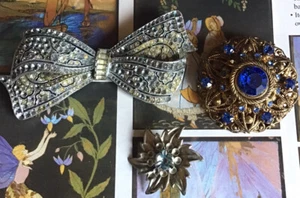 Vintage BROOCHES Estate JEWELLERY Lot Gold Austrian CRYSTAL Silver MARCASITE Bow - Picture 1 of 12