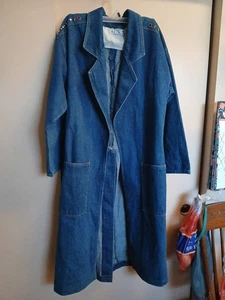 Capri Women's Blue Denim Cotton Duster Jacket Full Length Sz L Open Front - Picture 1 of 8