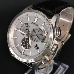 CITIZEN Chrono Solar Mens Watch Silver Gray Dial Leather Band Classic - Picture 1 of 10