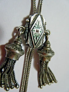 64" Victorian French Sterling Longuard Muff Guard Chain Enamel Tassels Slide Fob - Picture 1 of 12