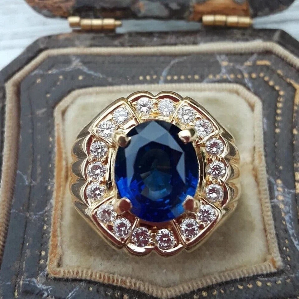 Anillo de boda para hombre de diamantes y zafiro azul de 3 quilates enchapado en oro amarillo de 14 quilates Foto 1 de 4
