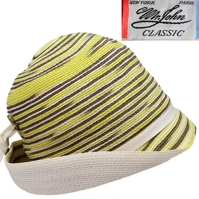 Vintage Mr John Hat 1960s Mod Yellow White Striped Straw Cloche 6 7/8  Small - Image 1 of 4