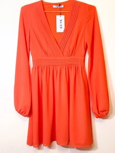 New Sz Small 🧡 Na Kd Women’s Orange Dress Chiffon Long Sleeves V Neck - Picture 1 of 6