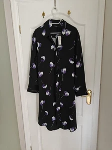 M&S AUTOGRAPH Floral print SATIN Midi SHIRT DRESS ~ Size 16 ~ BLACK Mix, rrp £65 - Picture 1 of 5