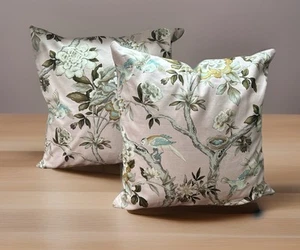 Pair Botanical Throw Pillows Bird Print Floral Branches Pink Cotton Down 22” - Picture 1 of 14