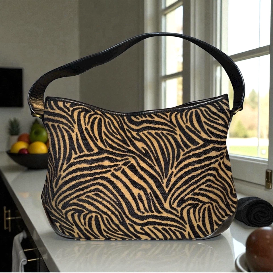Talbots Purse Zebra Animal Print Fabric Leather Black Brown Shoulder Hobo Bag - Image 1 of 4