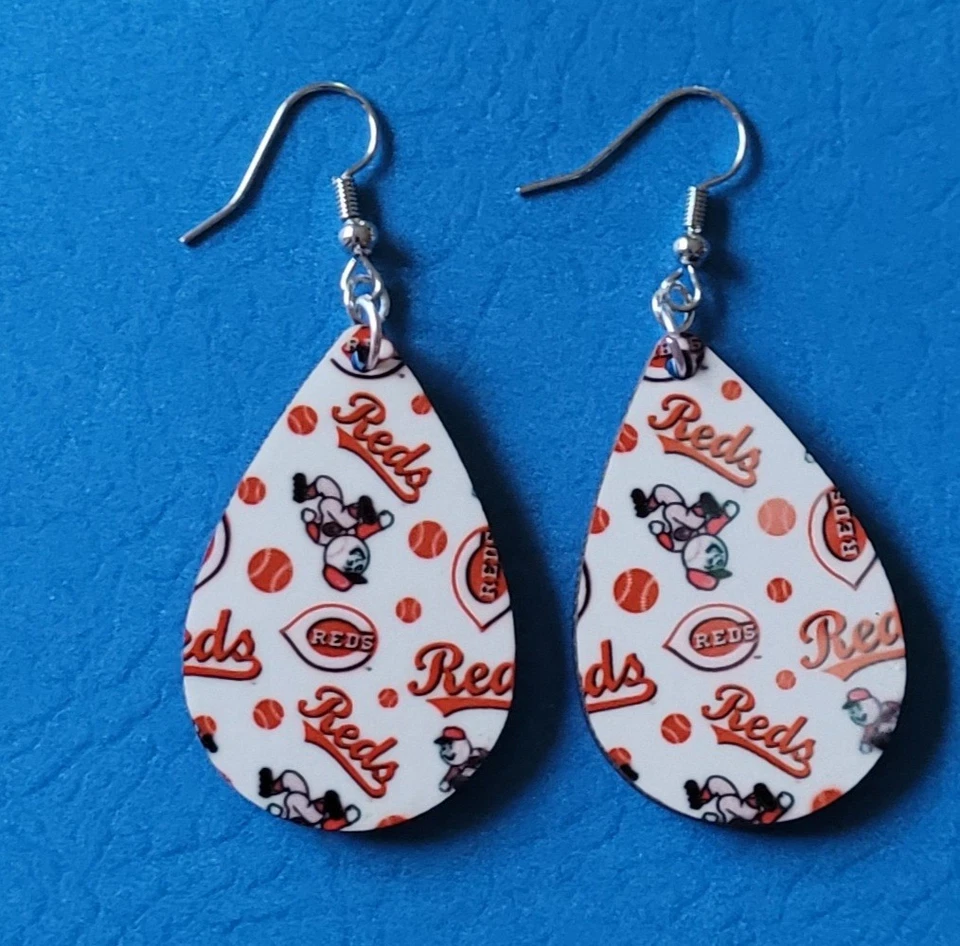 Cinncinnati Reds baseball inspired tearrdrop wooden dangle earrings - Image 1 of 1
