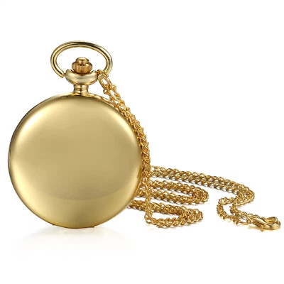 Men's Polish Glossy Gold Round Quartz Pocket Watch Sweater Chain Necklace Unisex - Image 1 of 4