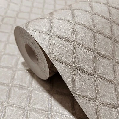 Embossed Pearl Beige cream faux fabric textured diamonds trellis Wallpaper rolls - Image 1 of 4