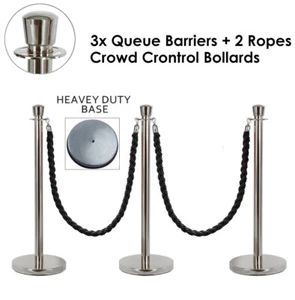 3x Queue Barriers +2 Ropes Crowd Control Bollards Stanchions (Silver+Black ROPE) - Picture 1 of 11
