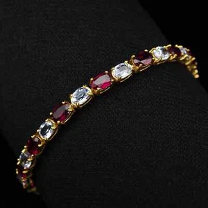 5CT Oval Cut Lab Created Ruby & Diamond Tennis Bracelet 14k Yellow Gold Plated - Picture 1 of 2