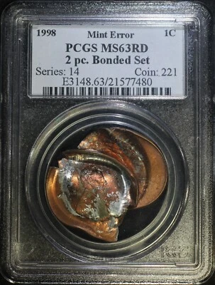 2 PIECE BONDED PAIR SET PCGS MS63RD MINT RARE ERROR LINCOLN MEMORIAL CENT - Image 1 of 2