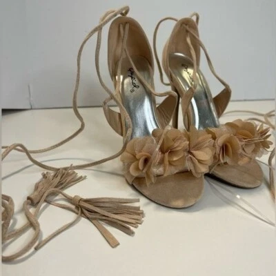 Qupid Pink Floral Tie/Lace Up Heels Size 5.5 New Suedette Shoes - Image 1 of 4