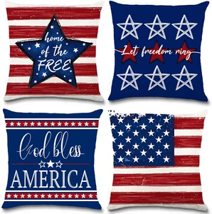 4Th of July Pillow Covers Decorations 18 X 18 Inch Red Blue Star Stripe Flag Fre - Picture 1 of 12