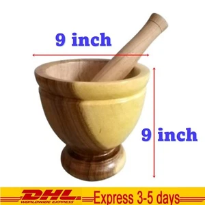9" Wooden Mortar Pestle Thai Papaya Salad Somtum Spices Herb Hand Made - Picture 1 of 12