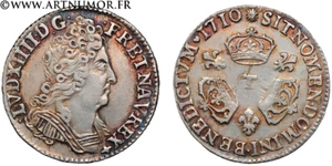 Louis XIV - Dixième d'écu aux 3 Couronnes, 1710 T Nantes - Picture 1 of 1