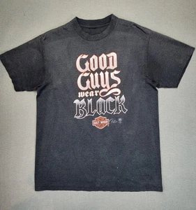 Vtg Harley Davidson Shirt Med Good Guys Wear Black 3D Emblem 80s Big River IA - Picture 1 of 11