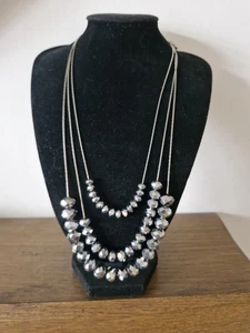 Silver Tone 3 Stran Glass Beaded Necklace, Lovely Gunmetal Shimmery Grey - Picture 1 of 1