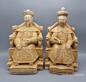 Coppia di sculture vintage imperatore cinese e imperatrice statue in pietra fibra alta 10,5" - Foto 1 di 9