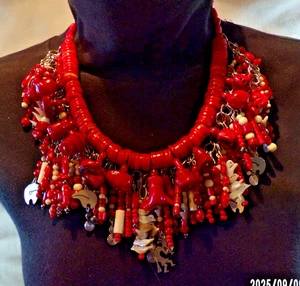 Coral Fantasy Statement/Cluster Necklace, Spirit Bears, Kokopelli & Birds, 22” - Picture 1 of 4
