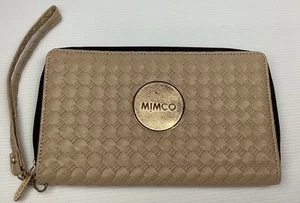 Mimco Woven Beige Wallet Purse Clutch Leather Rose Gold Metal Logo Wrist Strap - Picture 1 of 19