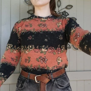 Vintage 80s 90s Floral Striped Sweater Jumper Orange Knit Lambswool Size M 10 12 - Picture 1 of 12