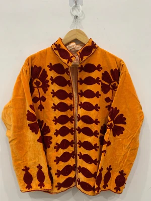 Chaqueta Corta Naranja Suzani Floral Terciopelo | Chaqueta Corta Cachemira Bordada Aari Foto 1 de 4