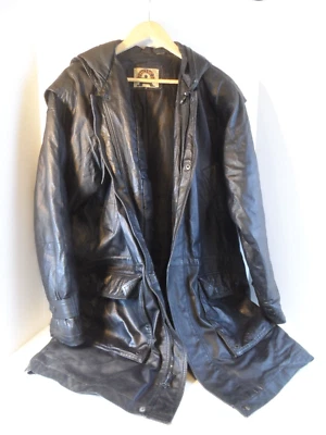 Vtg. Phase 2 Genuine Leather Men's Heavy Black Hooded Jacket Coat - Size M - Image 1 of 4