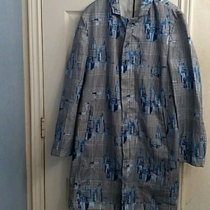 Unique Plaid Coat with Blue Abstract Pattern Long Sleeve Button-Up Outerwear - Picture 1 of 4