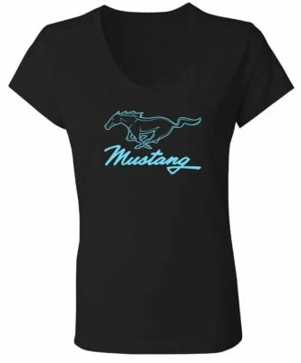 Camiseta Mustang Damas Negra Cuello en V Bebé Azul Correr Caballo * ¡Envío Gratis a EE. UU.! Foto 1 de 2