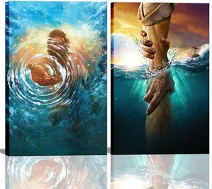 2 Stück Gerahmte Jesus Wandbilder Die Hand Gottes Jesus Greift ins Wasser Christus... - Bild 1 von 7