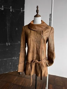 Roco Baroco Vera Pelle Vintage 80s 90s Brown Belted Full Zip Leather Jacket S/M - Picture 1 of 10
