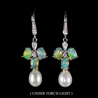 925 Sterling Silver Earrings Oval Fire Opal Mop Natural Gemstone Jewelry - Image 1 of 4