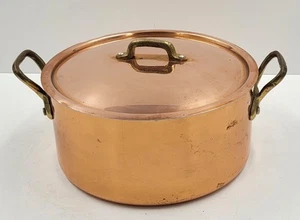Vintage 20cm Stamped FRENCH COPPER CASSEROLE STOCK STEW POT PAN Brass Handles - Picture 1 of 14