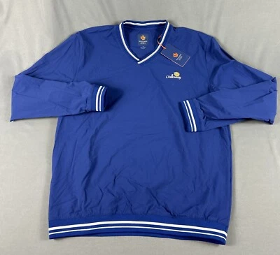 Pulôver de golfe Donald Ross logotipo peito camisa vento gola V azul médio novo com etiquetas MSRP $155 - Imagem 1 de 4