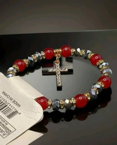 D'Bello Beaded Stretch Rosary Beads Bracelet With Goldtone Rhinestone Cross New - Picture 1 of 2