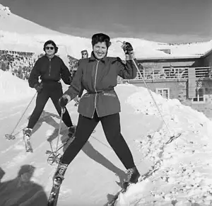 Two women skiing on a run in Sestriere Sestriere 1950s Historic Old Photo - Picture 1 of 1