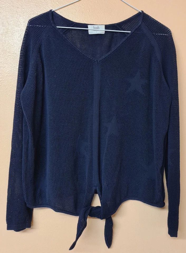 Hush Jumper Pullover Navy Blue Star Open Knit Tie Front Size 8 - Image 1 of 4