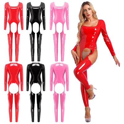 YiZYiF Damen Einteiler Catsuit Cutout Glänzend Leder Strampler Bodysuit Overall - Bild 1 von 3