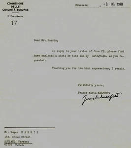 "3rd President European Commission" Franco Maria Malfatti Signed TLS Dated 1977 - Picture 1 of 1