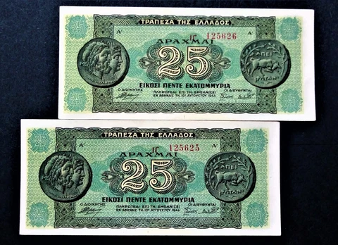 1944 WWII Era Greece 25 Million Drachmai Banknote X 2 PCS (Consecutive number) Cover