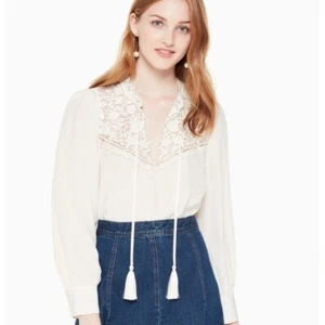 Kate Spade Lace Long Sleeve Boho Blouse Tassels Women's Small Ivory Career - Picture 1 of 7
