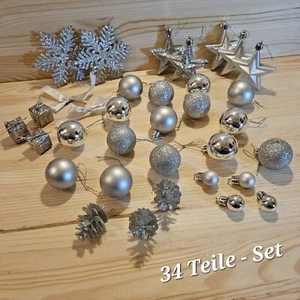 Weihnachtskugeln silber 34 teiliges Set Christbaumkugeln Baumschmuck Deko Sterne - Bild 1 von 1